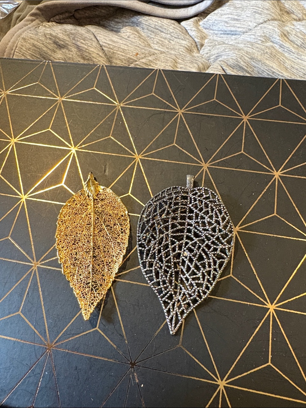 Gold and Black Leaf Pendant Pair